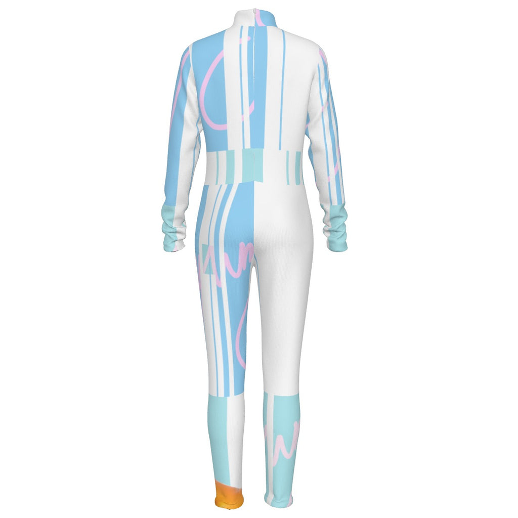 All-Over Print Women's Long-sleeved High-neck Jumpsuit With Zipper